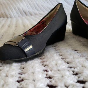 Anne Klein Navy Blue Fabric Wedges.